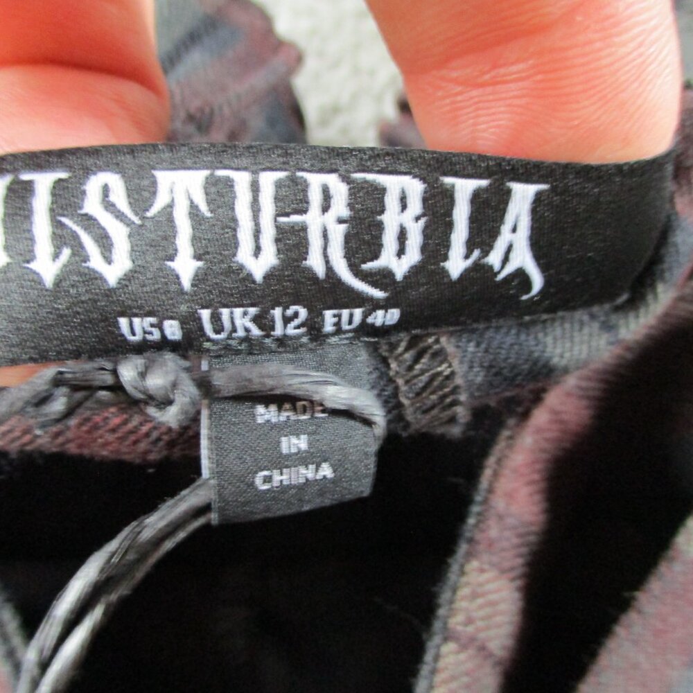 Disturbia Kalma Check Tie Belt Tapered Trouser Womens US 8 Red Multi Goth Dark - Picture 12 of 14